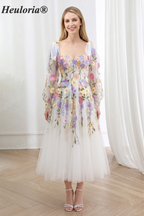 HEULORIA Romantic Colorful Floral Embroidery Tulle Midi Dress with Sheer Bishop Sleeves and Corset Back ED-666 tea