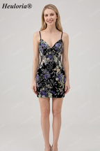 HEULORIA Floral Embroidered Sequin Bodycon Mini Dress with Sheer Mesh Cut-outs and Lace-Up Back ED-597
