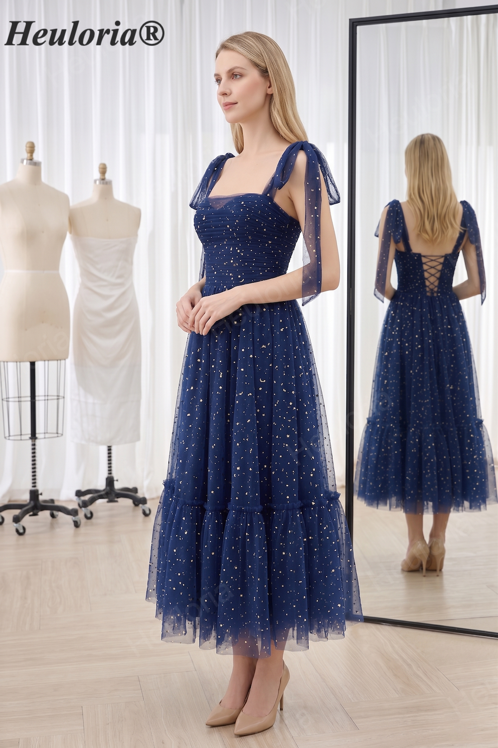 HEULORIA Celestial Starry Tulle Tea-Length Prom Dress - Tie-Shoulder A-Line Formal Gown ED-445 Imagen secundaria del producto