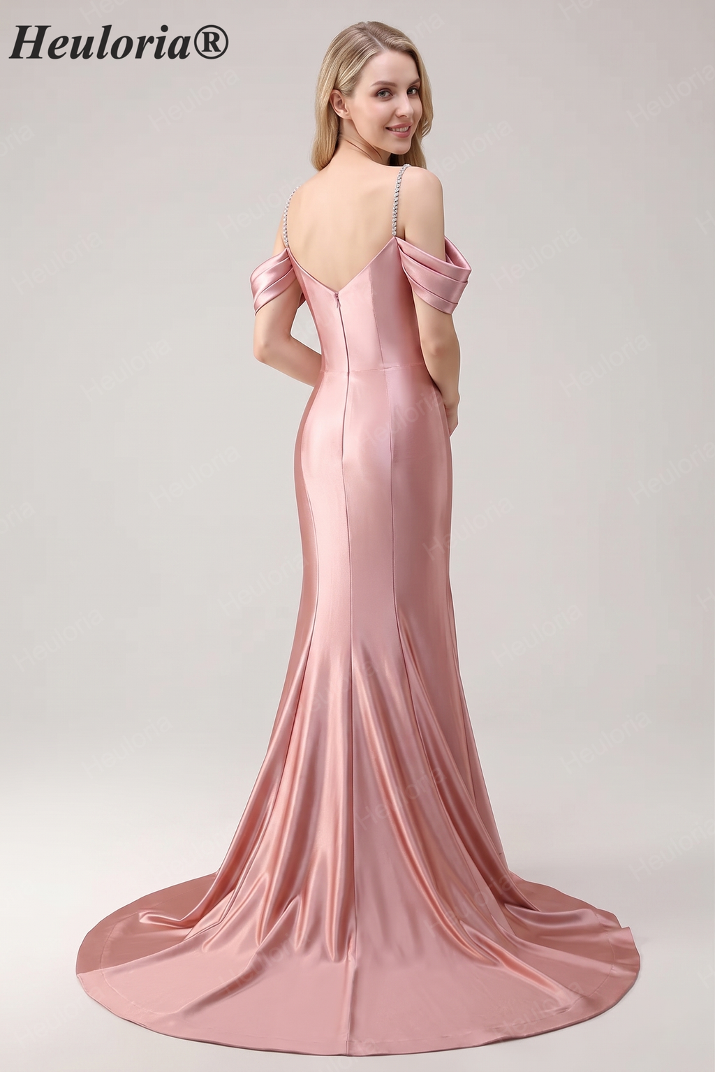 HEULORIA Elegant Ruched Satin Mermaid Evening Gown with Crystal Embellished Straps & Off-the-Shoulder Sleeves ED-349