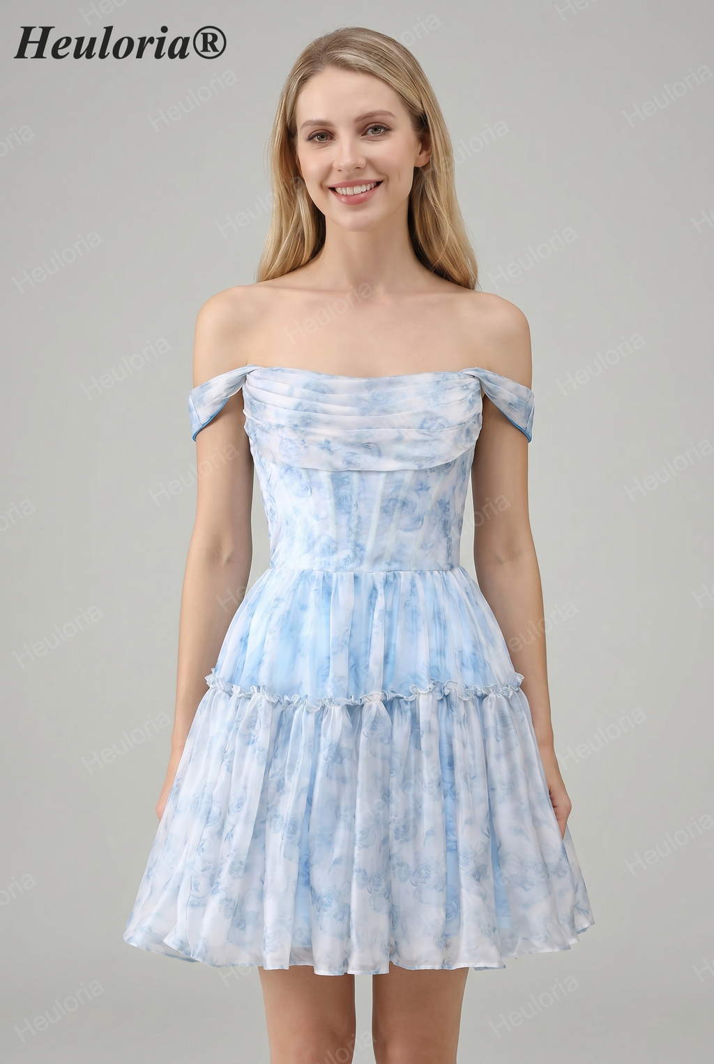 HEULORIA Ethereal Watercolor Floral Off-the-Shoulder Tiered Mini Dress ED-600