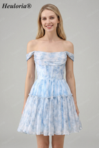 HEULORIA Ethereal Watercolor Floral Off-the-Shoulder Tiered Mini Dress ED-600