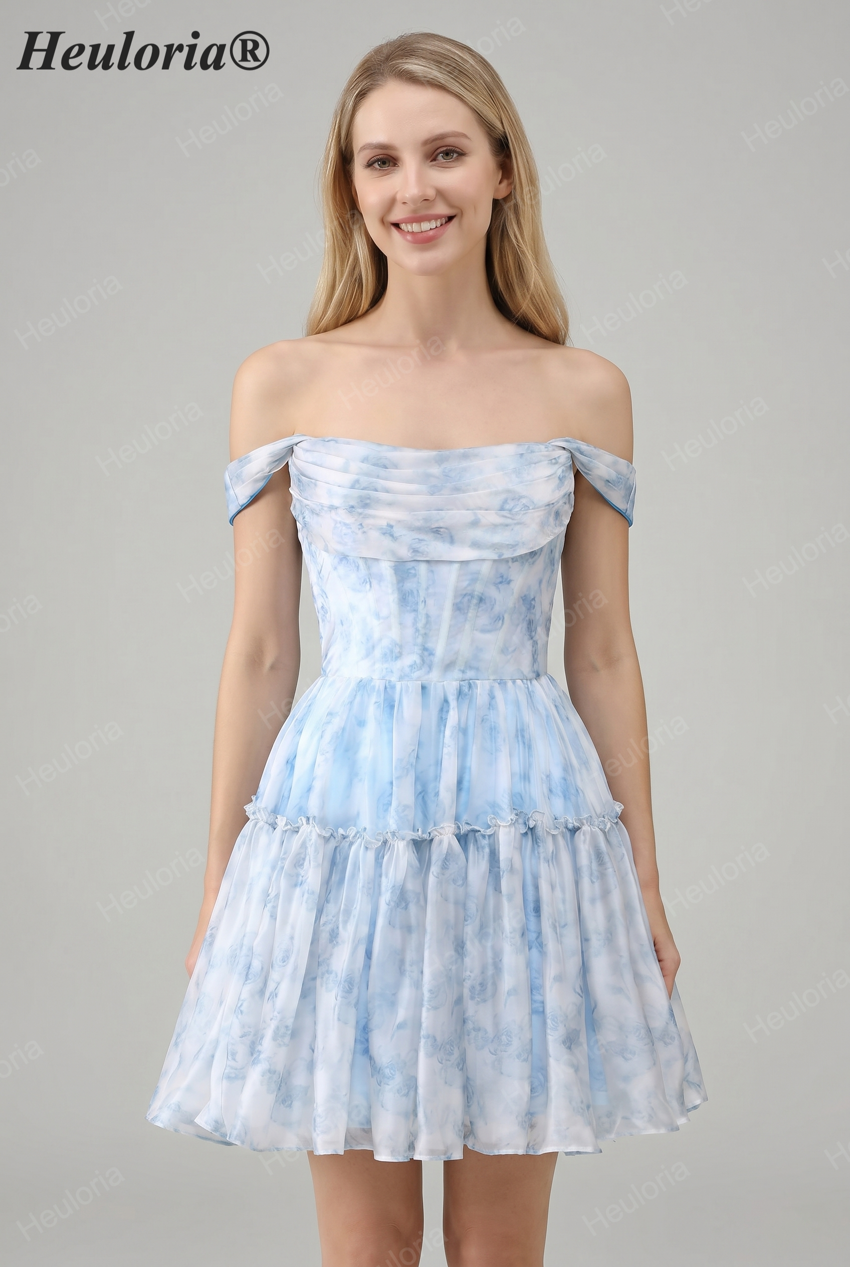 HEULORIA Ethereal Watercolor Floral Off-the-Shoulder Tiered Mini Dress ED-600