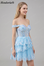 HEULORIA Champagne Off-the-Shoulder Sequin Tiered Mini Dress - Corset Bodice Party & Homecoming Dress ED-277