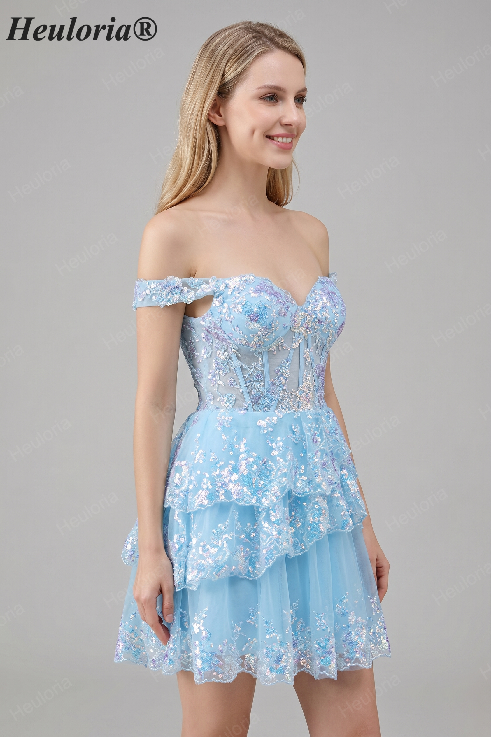 HEULORIA Champagne Off-the-Shoulder Sequin Tiered Mini Dress - Corset Bodice Party & Homecoming Dress ED-277