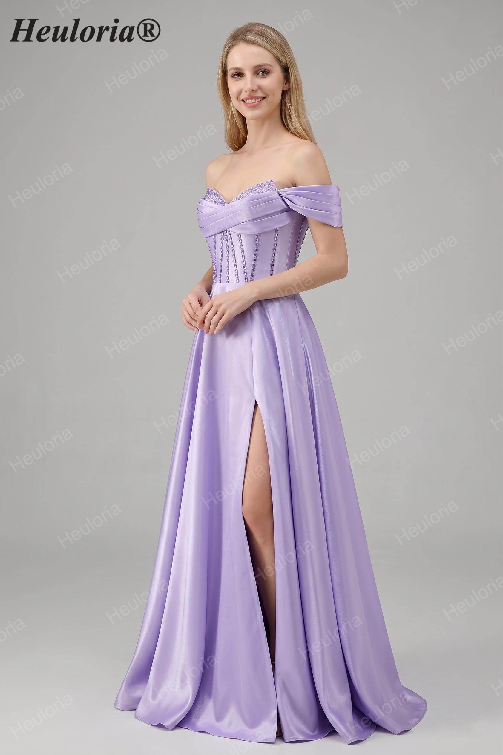 HEULORIA Off-the-Shoulder Sequin Beaded Satin Prom Dress with Slit & Corset Back ED-586 Imagen secundaria del producto