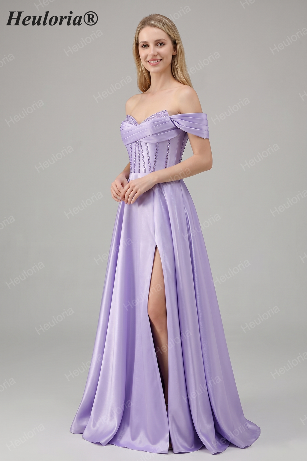 HEULORIA Off-the-Shoulder Sequin Beaded Satin Prom Dress with Slit & Corset Back ED-586