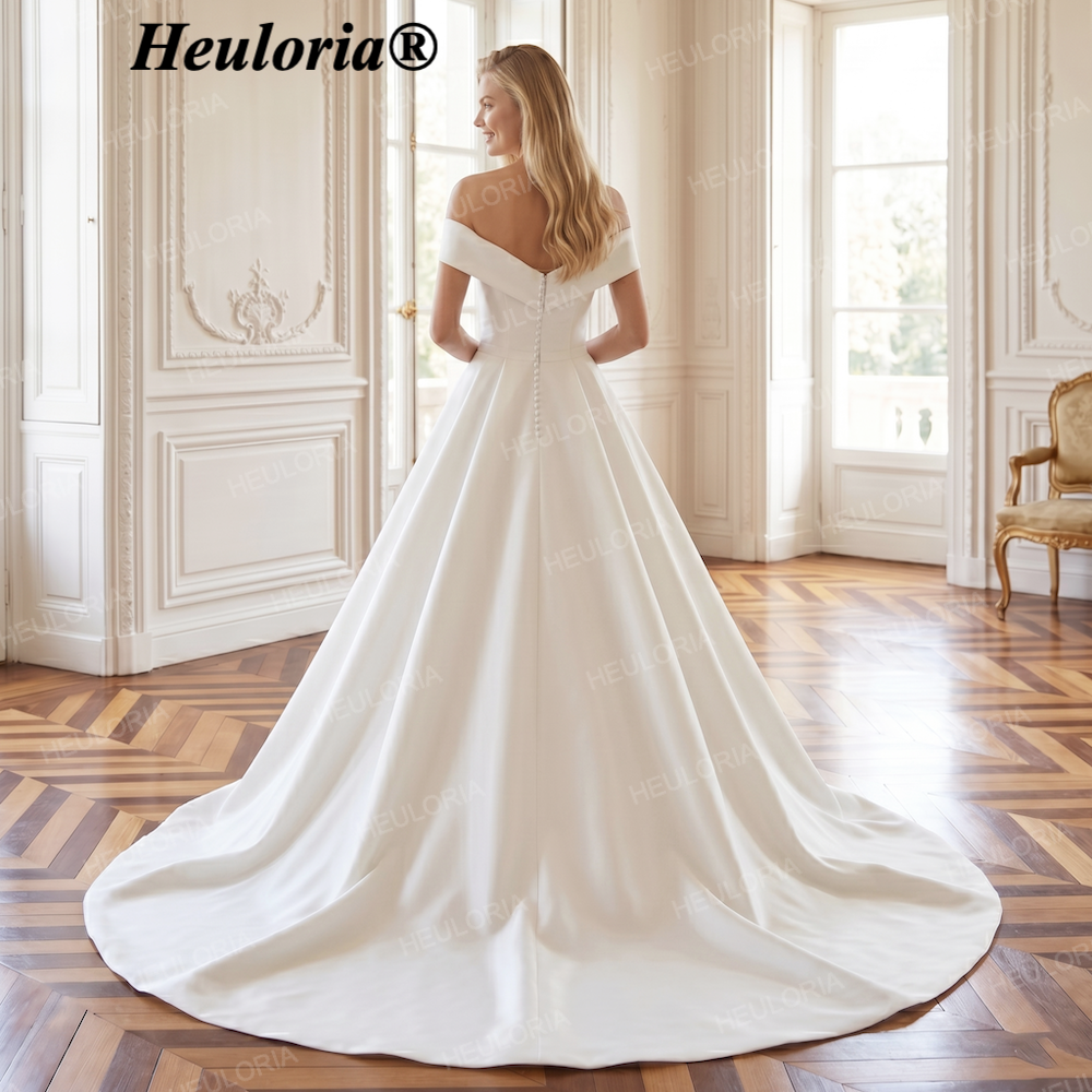 HEULORIA Elegant Off-the-Shoulder Satin Ball Gown Wedding Dress with Button Back AL-237