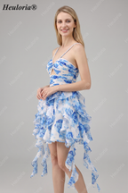 HEULORIA Pearl Beaded Straps Floral Ruffle Mini Homecoming Dress - Whimsical Tiered Rose Print Cocktail Gown ED-614