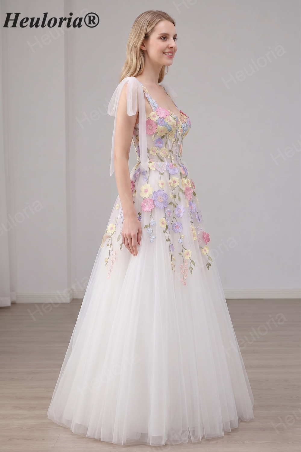 HEULORIA Whimsical 3D Floral Appliqué A-Line Prom Dress with Fairy Tie-Straps ED-444