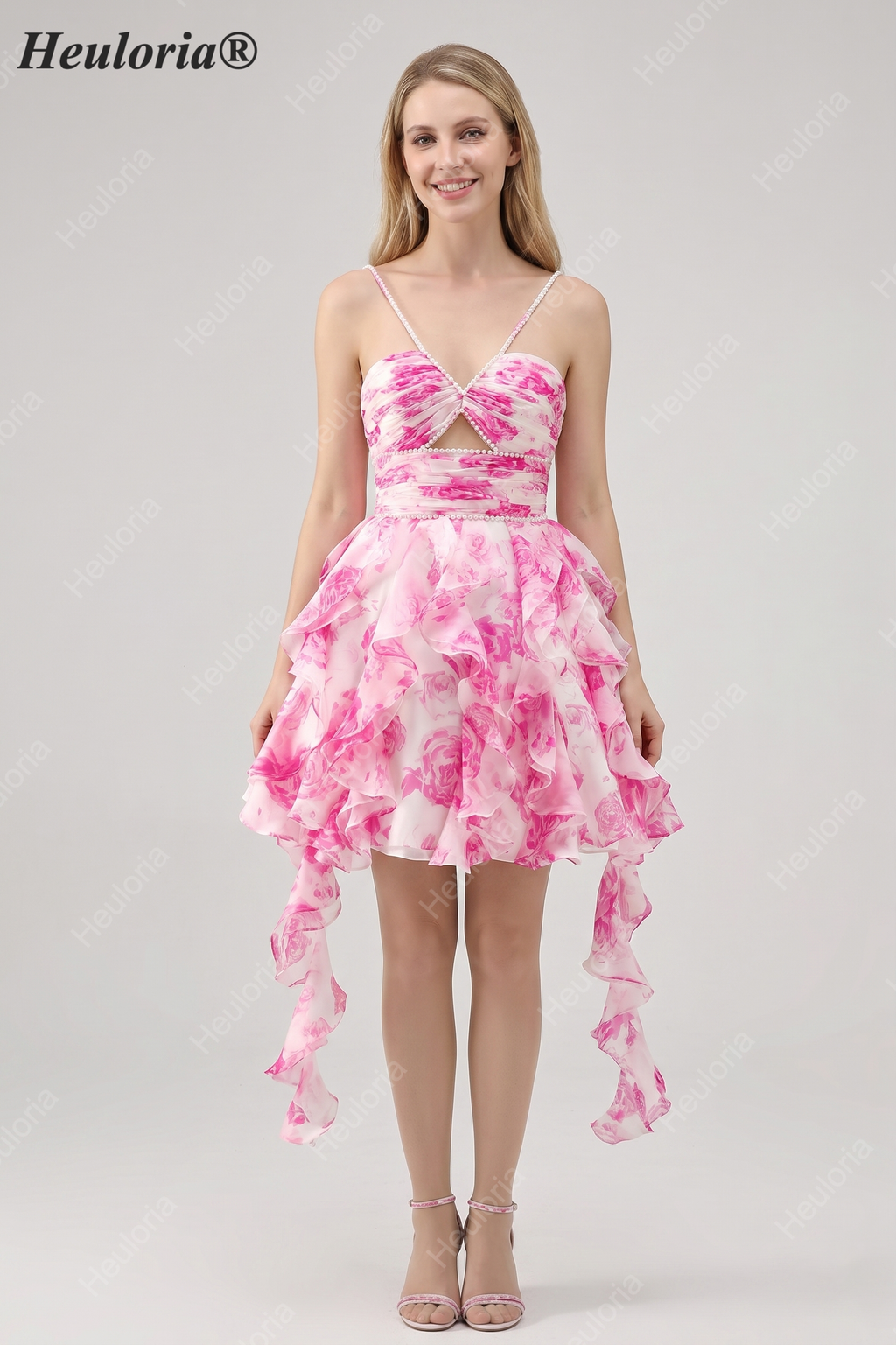 HEULORIA Pearl Beaded Straps Floral Ruffle Mini Homecoming Dress - Whimsical Tiered Rose Print Cocktail Gown ED-614