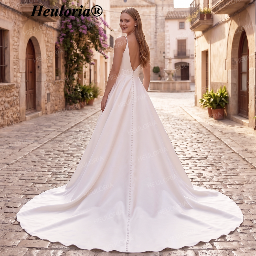 HEULORIA Elegant Satin V-Neck A-Line Wedding Dress with Button Back Details AL-214