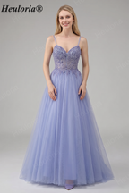 Heuloria Ethereal Beaded Lace Tulle A-Line Prom Dress with Spaghetti Straps and Illusion Bodice ED-503