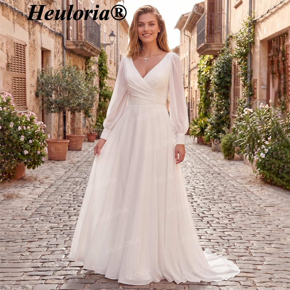 HEULORIA Elegant Crepe A-Line V-Neck Long Sleeve Wedding Dress with Deep V-Back & Button Details AL-QK210 Main image