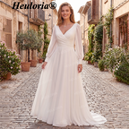 HEULORIA Elegant Crepe A-Line V-Neck Long Sleeve Wedding Dress with Deep V-Back & Button Details AL-QK210