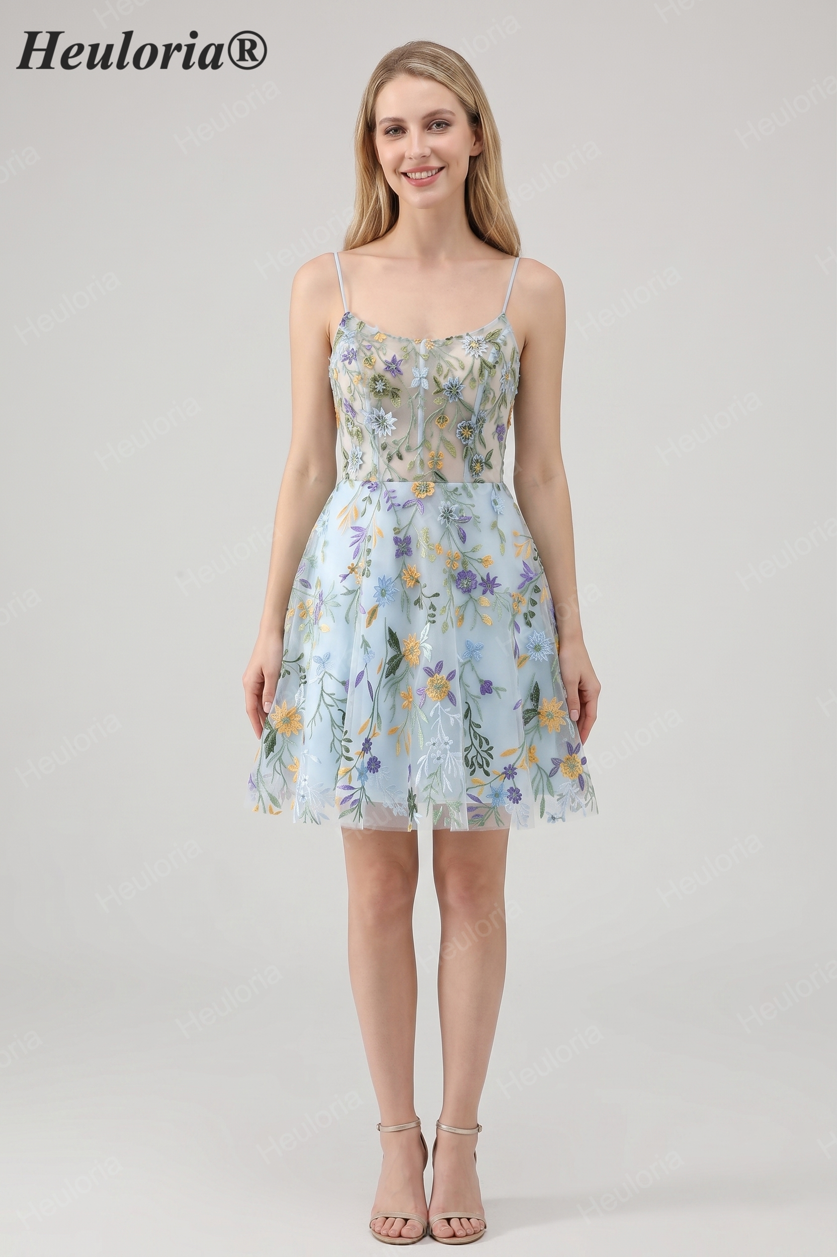 HEULORIA Enchanted Garden Sky Blue Floral Embroidered Short Homecoming Dress - Lace-up Back A-Line Mini Party Gown ED-590 Imagen secundaria del producto