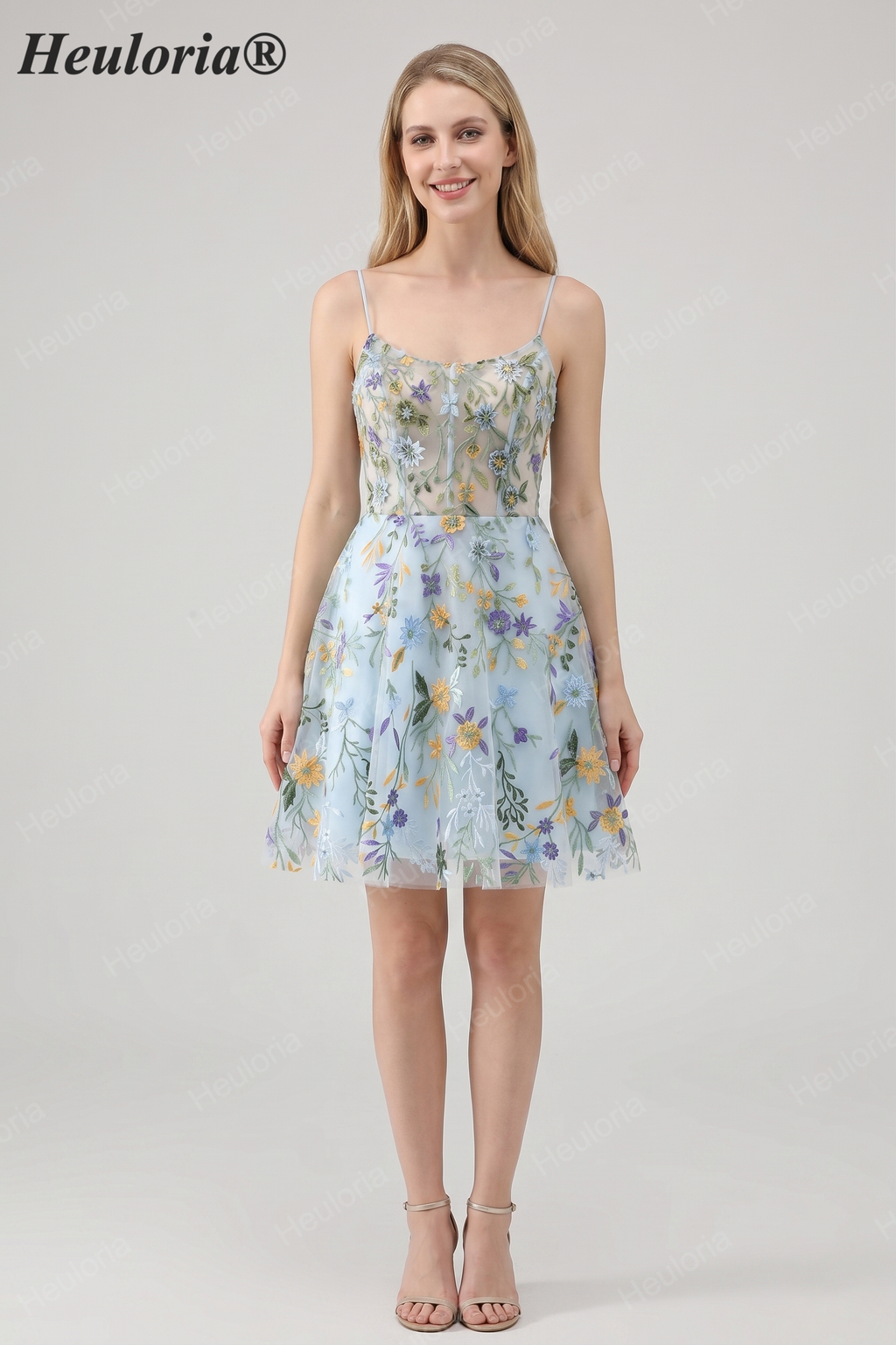 HEULORIA Enchanted Garden Sky Blue Floral Embroidered Short Homecoming Dress - Lace-up Back A-Line Mini Party Gown ED-590
