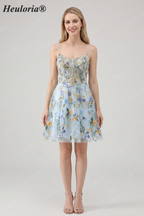 HEULORIA Enchanted Garden Sky Blue Floral Embroidered Short Homecoming Dress - Lace-up Back A-Line Mini Party Gown ED-590