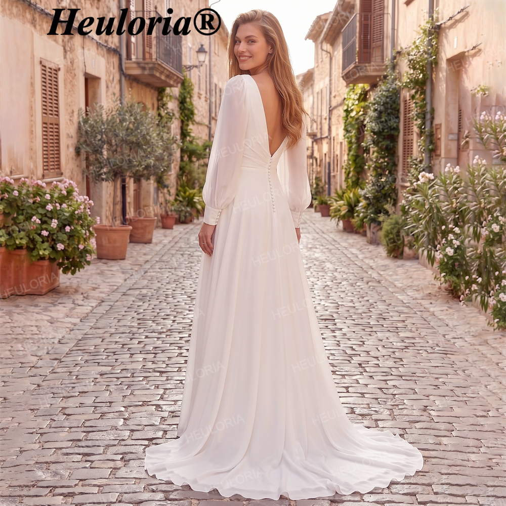 HEULORIA Elegant Crepe A-Line V-Neck Long Sleeve Wedding Dress with Deep V-Back & Button Details AL-QK210