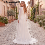HEULORIA Elegant Crepe A-Line V-Neck Long Sleeve Wedding Dress with Deep V-Back & Button Details AL-QK210