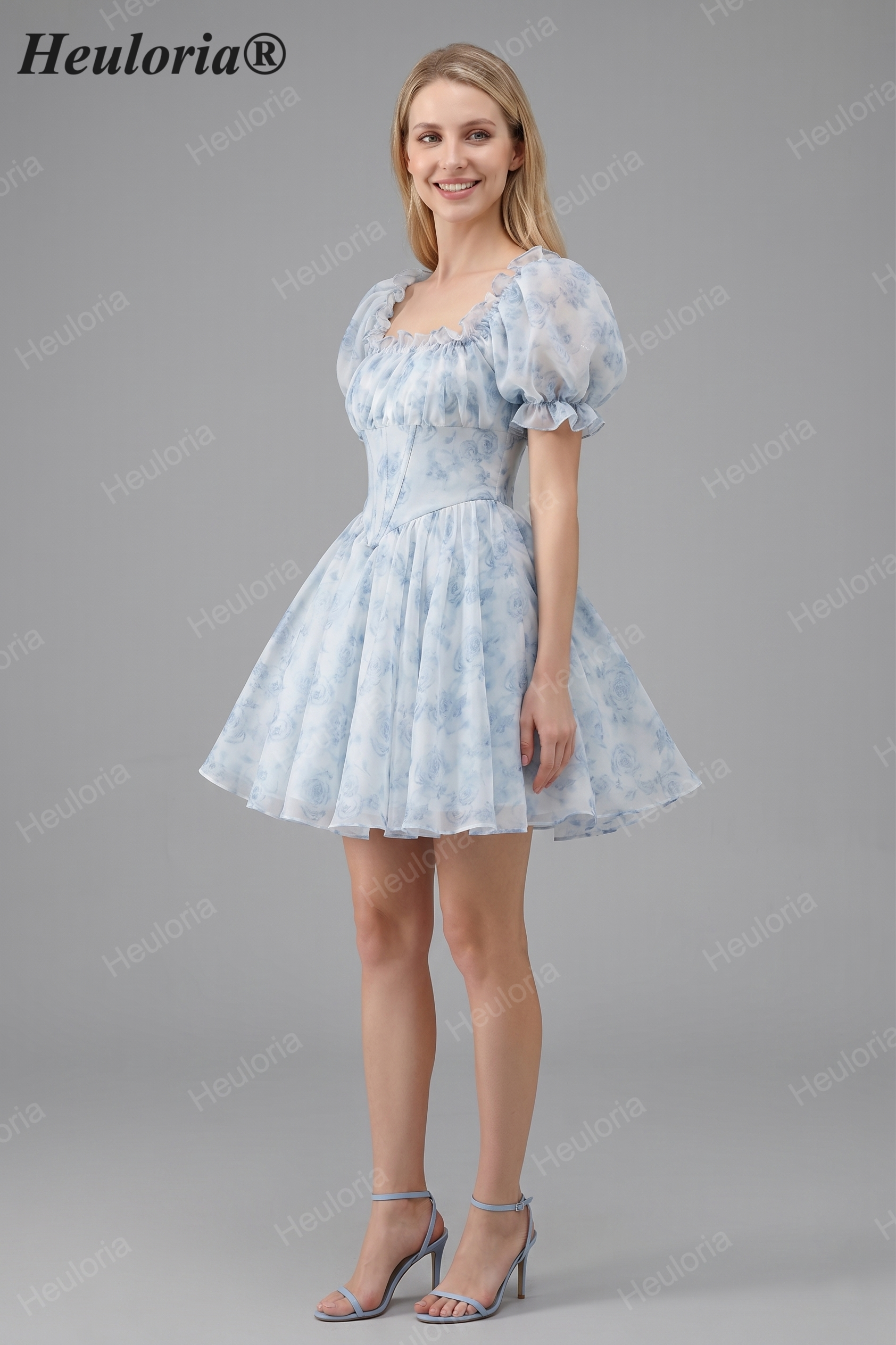 HEULORIA Romantic Floral Puff Sleeve Corset Mini Dress - Fairycore Vintage Square Neck Summer Gown ED-592 Imagen secundaria del producto