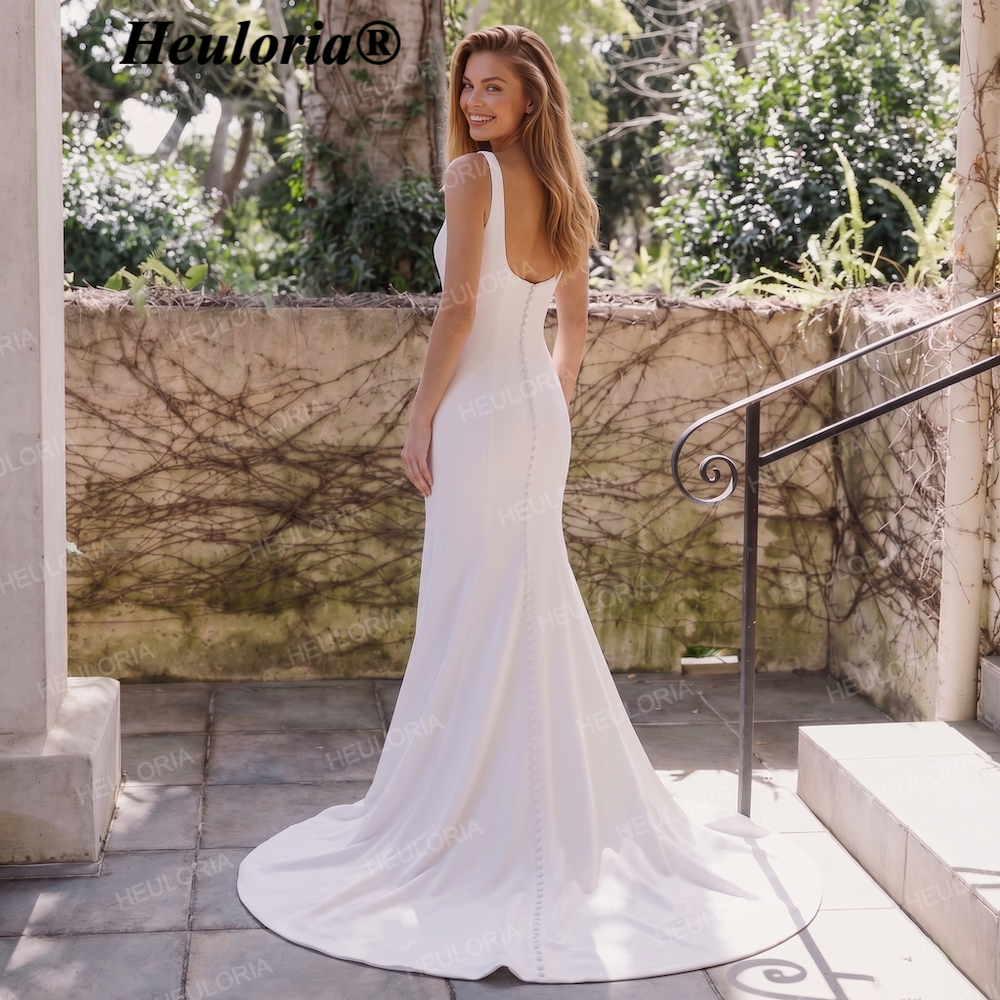 HEULORIA Minimalist Square Neck Sleeveless Mermaid Wedding Dress with Button-Down Train AL-QK219