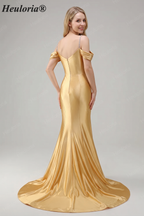 HEULORIA Elegant Ruched Satin Mermaid Evening Gown with Crystal Embellished Straps & Off-the-Shoulder Sleeves ED-349