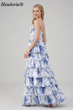 Heuloria Blue & White Floral Tiered Ruffle Maxi Dress - Elegant Spaghetti Strap Corset Prom Gown with Lace-Up Back ED-352