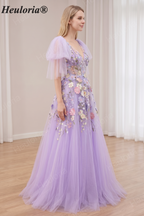 HEULORIA Whimsical Lavender 3D Floral Applique Prom Dress - V-Neck A-Line Tulle Evening Gown with Ruffle Sleeves and Corset Back ED-446