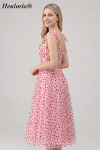 HEULORIA Romantic Pink Heart Print Tulle Midi Dress with Tie-Shoulder Bows ED-581