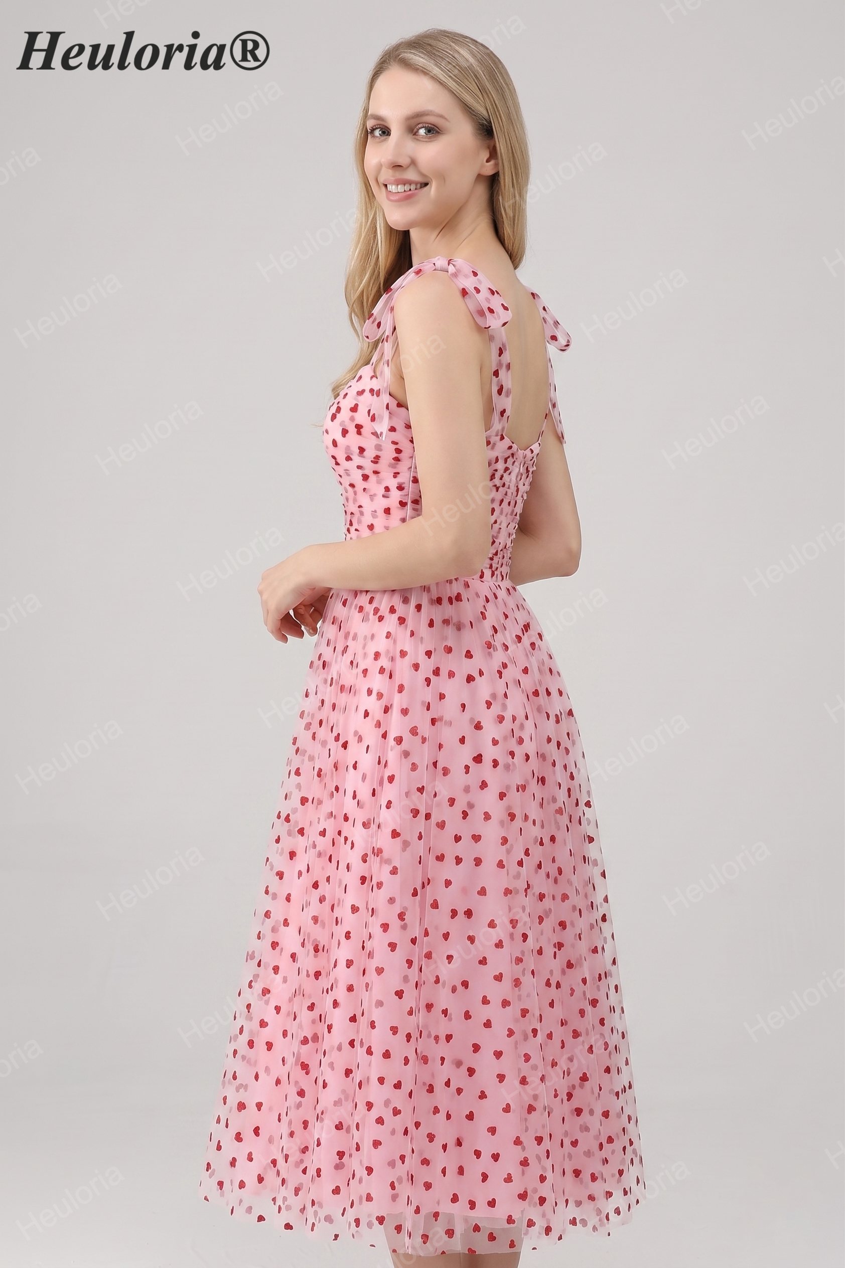 HEULORIA Romantic Pink Heart Print Tulle Midi Dress with Tie-Shoulder Bows ED-581