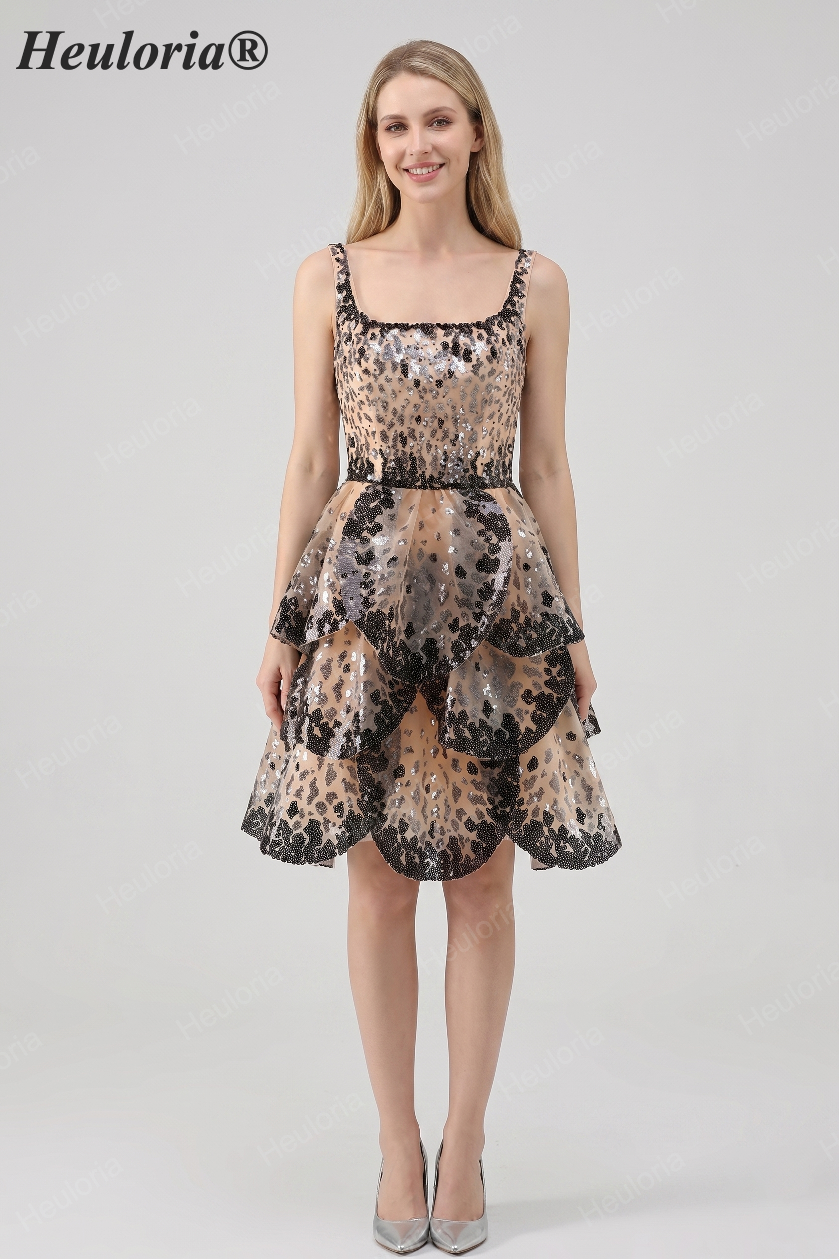 HEULORIA Chic Tiered Sequin Animal Print Mini Cocktail Dress – Glam Party Gown ED-588