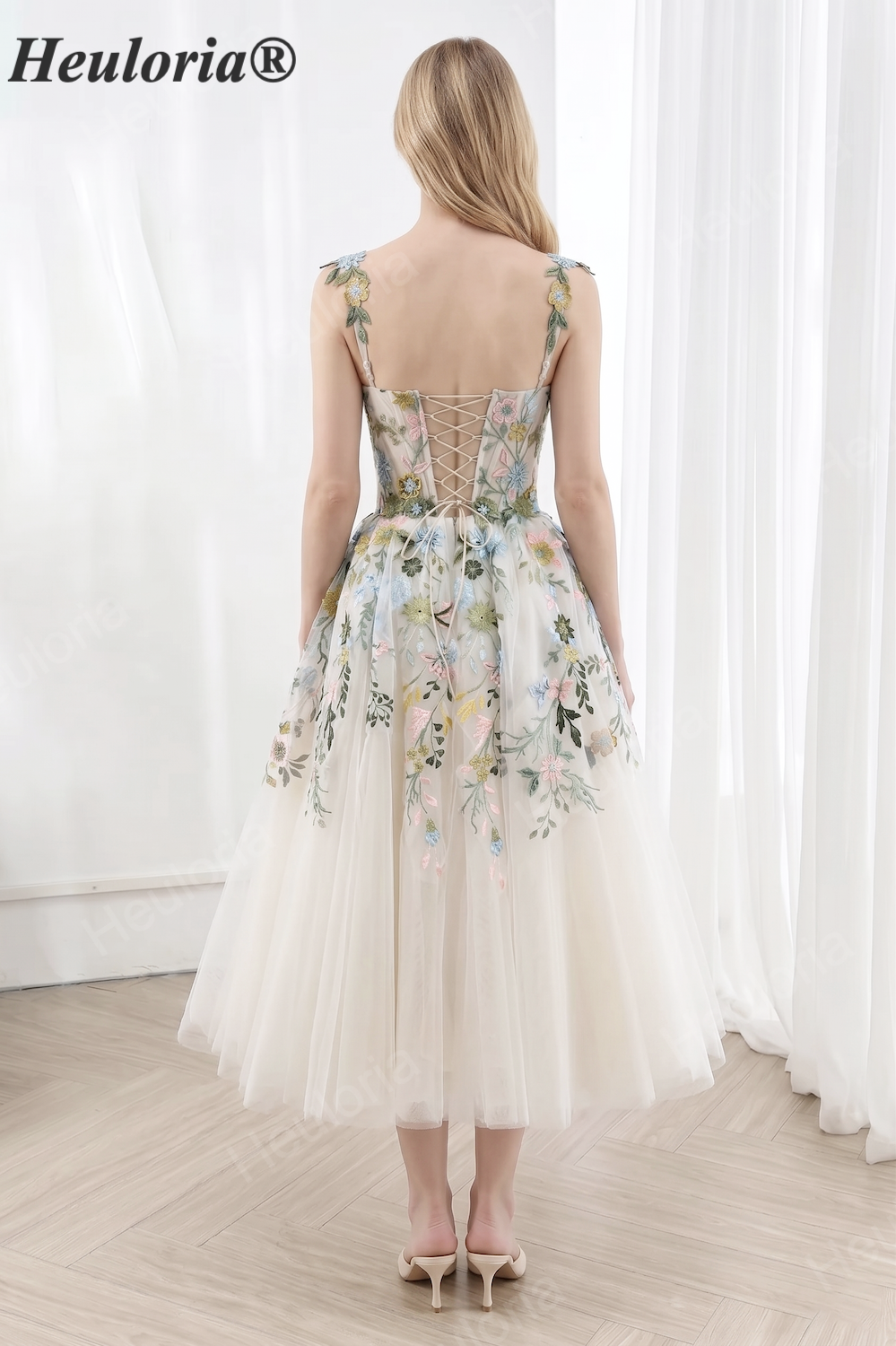 HEULORIA Multicolor Floral Embroidered Tea-Length Tulle A-Line Prom Dress with Appliqué Straps and Lace-Up Back ED-665-Tea