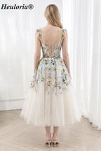 HEULORIA Multicolor Floral Embroidered Tea-Length Tulle A-Line Prom Dress with Appliqué Straps and Lace-Up Back ED-665-Tea