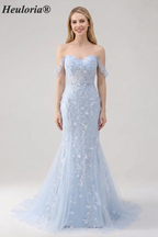 HEULORIA Enchanting Sky Blue 3D Floral Mermaid Prom Dress - Detachable Off-the-Shoulder Corset Evening Gown ED-350