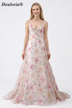 HEULORIA Enchanting Floral Embroidery Sequin A-Line Prom Dress with Spaghetti Straps & V-Neck ED-651