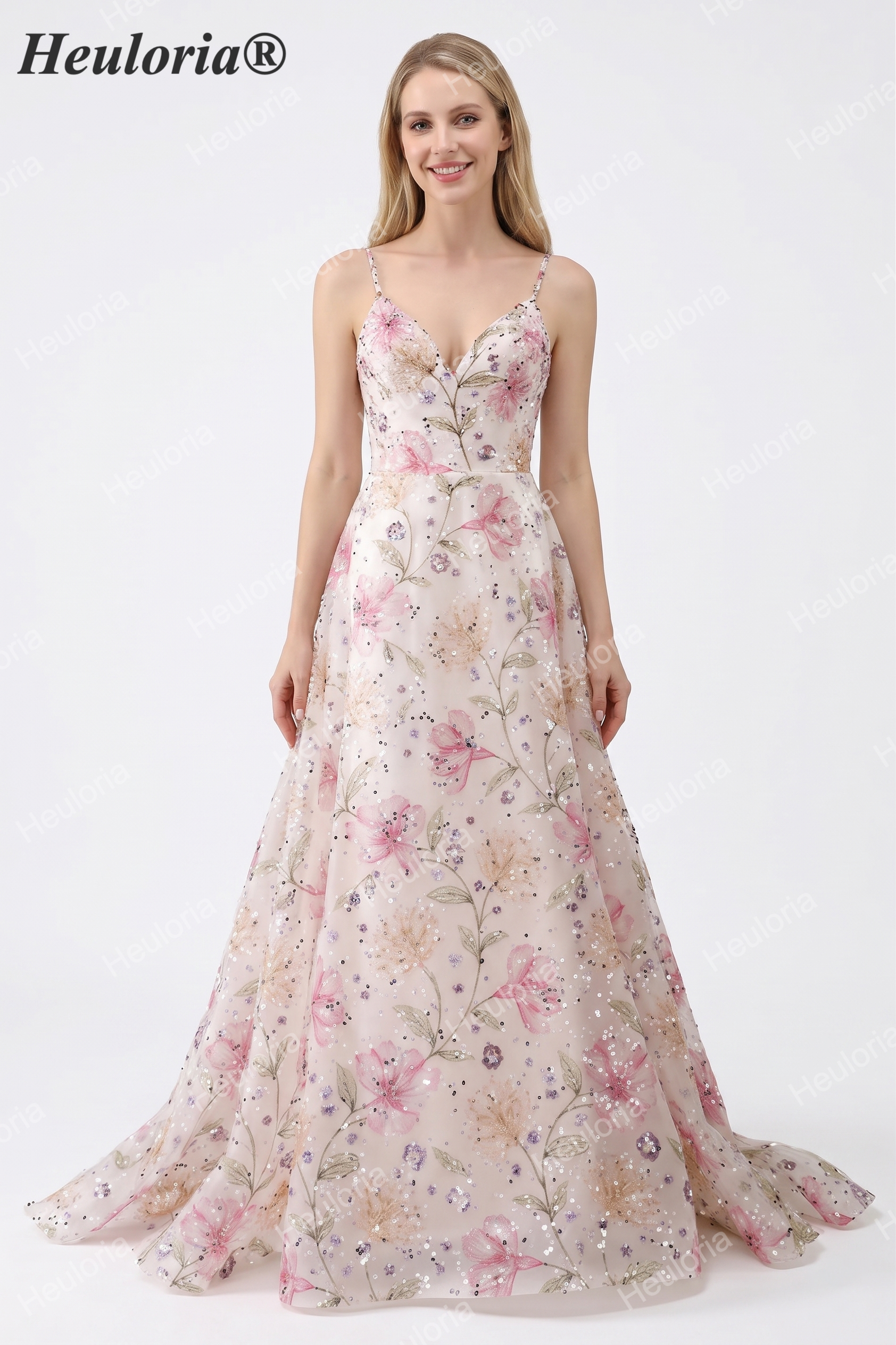 HEULORIA Enchanting Floral Embroidery Sequin A-Line Prom Dress with Spaghetti Straps & V-Neck ED-651