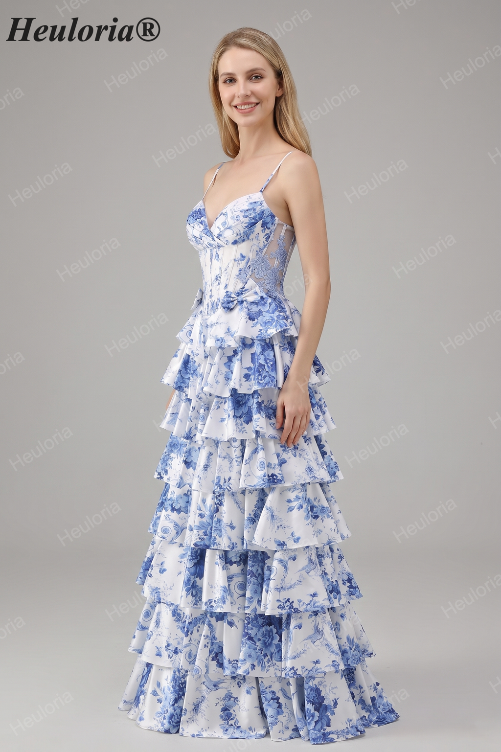 Heuloria Blue & White Floral Tiered Ruffle Maxi Dress - Elegant Spaghetti Strap Corset Prom Gown with Lace-Up Back ED-352