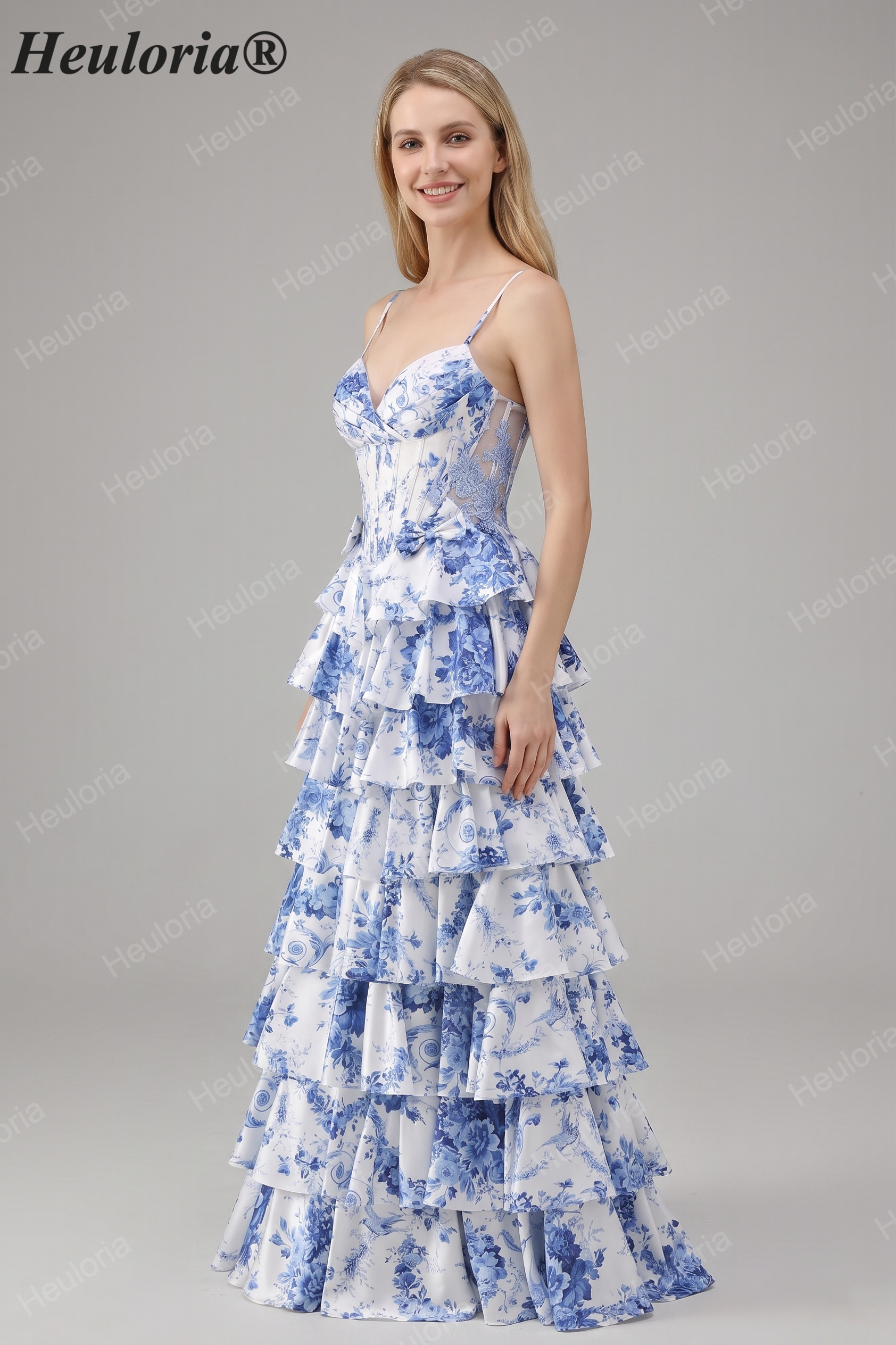 Heuloria Blue & White Floral Tiered Ruffle Maxi Dress - Elegant Spaghetti Strap Corset Prom Gown with Lace-Up Back ED-352