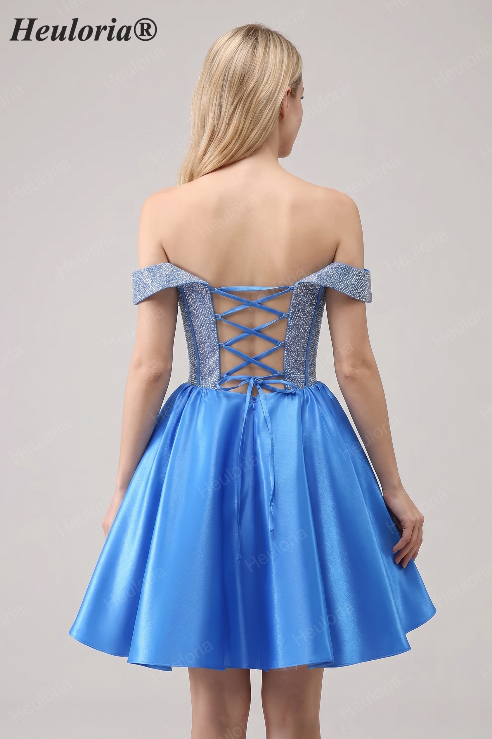 HEULORIA Sparkly Rhinestone Corset Homecoming Dress Off-the-Shoulder Satin Mini Party Gown ED-596