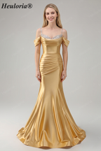 HEULORIA Elegant Ruched Satin Mermaid Evening Gown with Crystal Embellished Straps & Off-the-Shoulder Sleeves ED-349