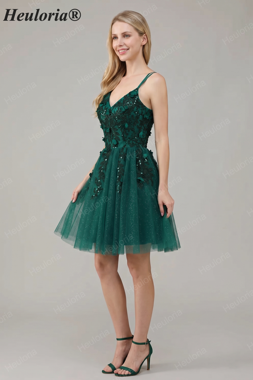 HEULORIA Sparkly Emerald Green V-Neck Homecoming Dress with 3D Floral Lace & Open Back ED-323