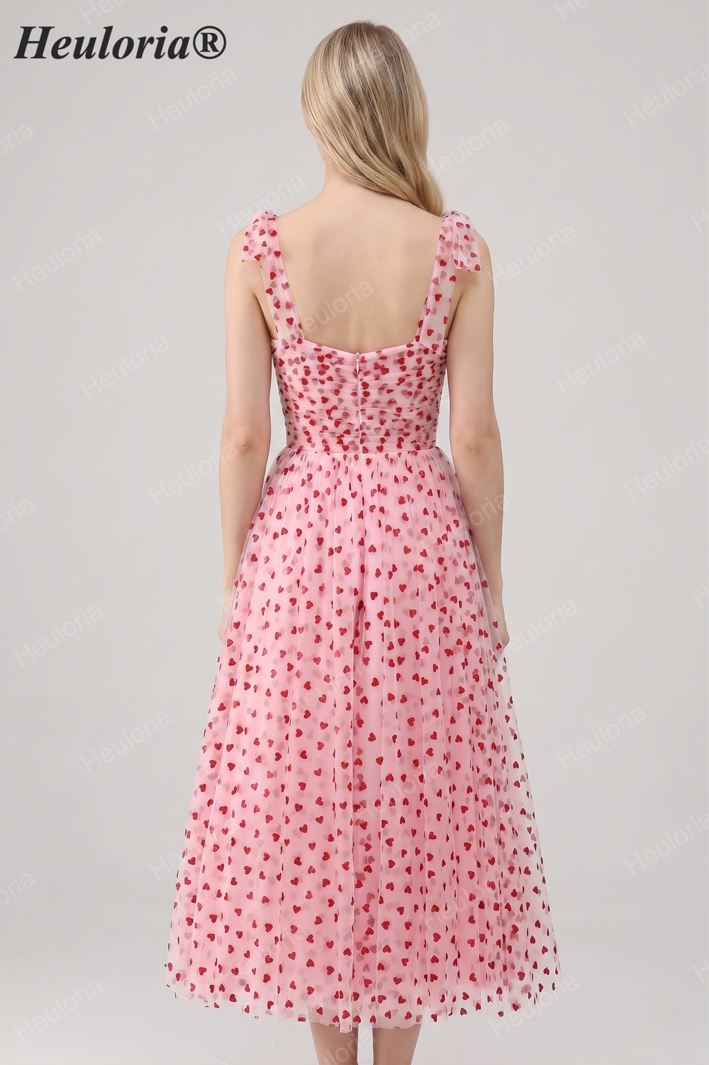 HEULORIA Romantic Pink Heart Print Tulle Midi Dress with Tie-Shoulder Bows ED-581