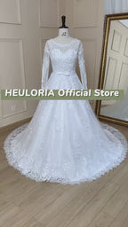 HEULORIA Round Neck Long Sleeve Lace Ball Gown Wedding Dress with Lace-Up Back BA-613