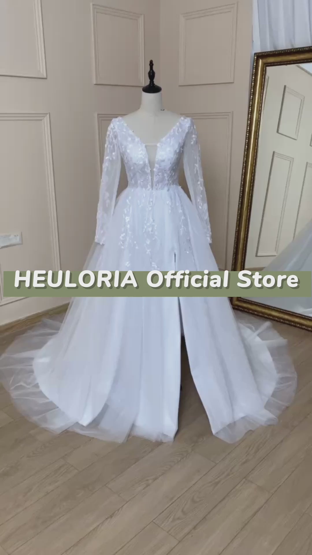 HEULORIA elegant A line long sleeve Court Train Tulle Lace Wedding Dress With Sequins AL-534A