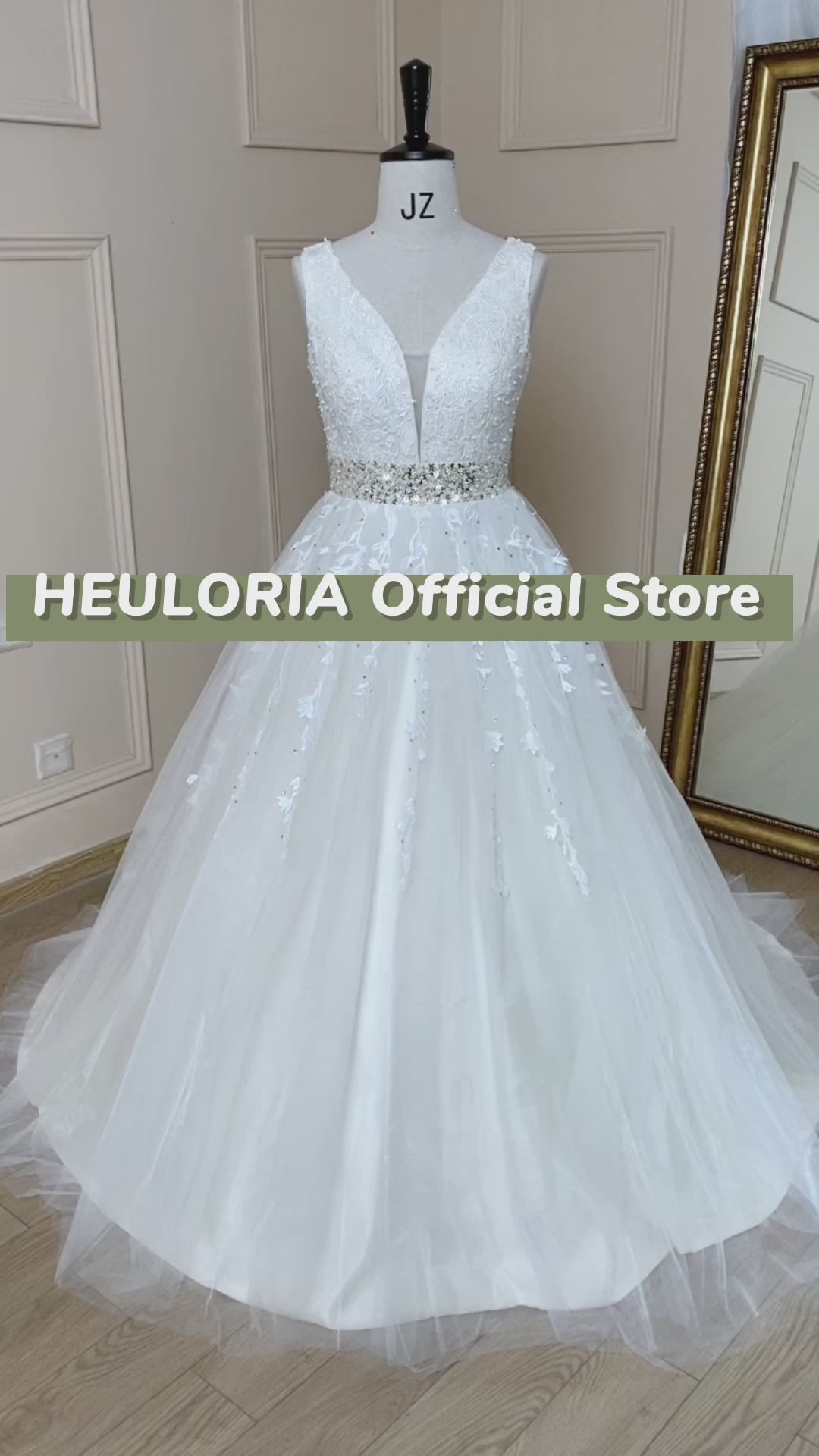 HEULORIA A-line V-Neck Sweep Train Lace Tulle Wedding Dress With Sequins Beading AL-611A