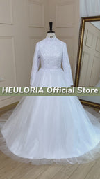 High Neck Long Sleeve Beaded Lace Ball Gown Wedding Dress BA-685