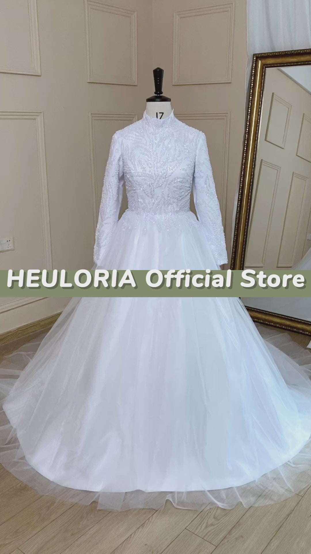 HEULORIA elegant heavy lace beading Muslim Wedding Dress long sleeve high neck bride dress plus size bride Wedding Gown BA-685