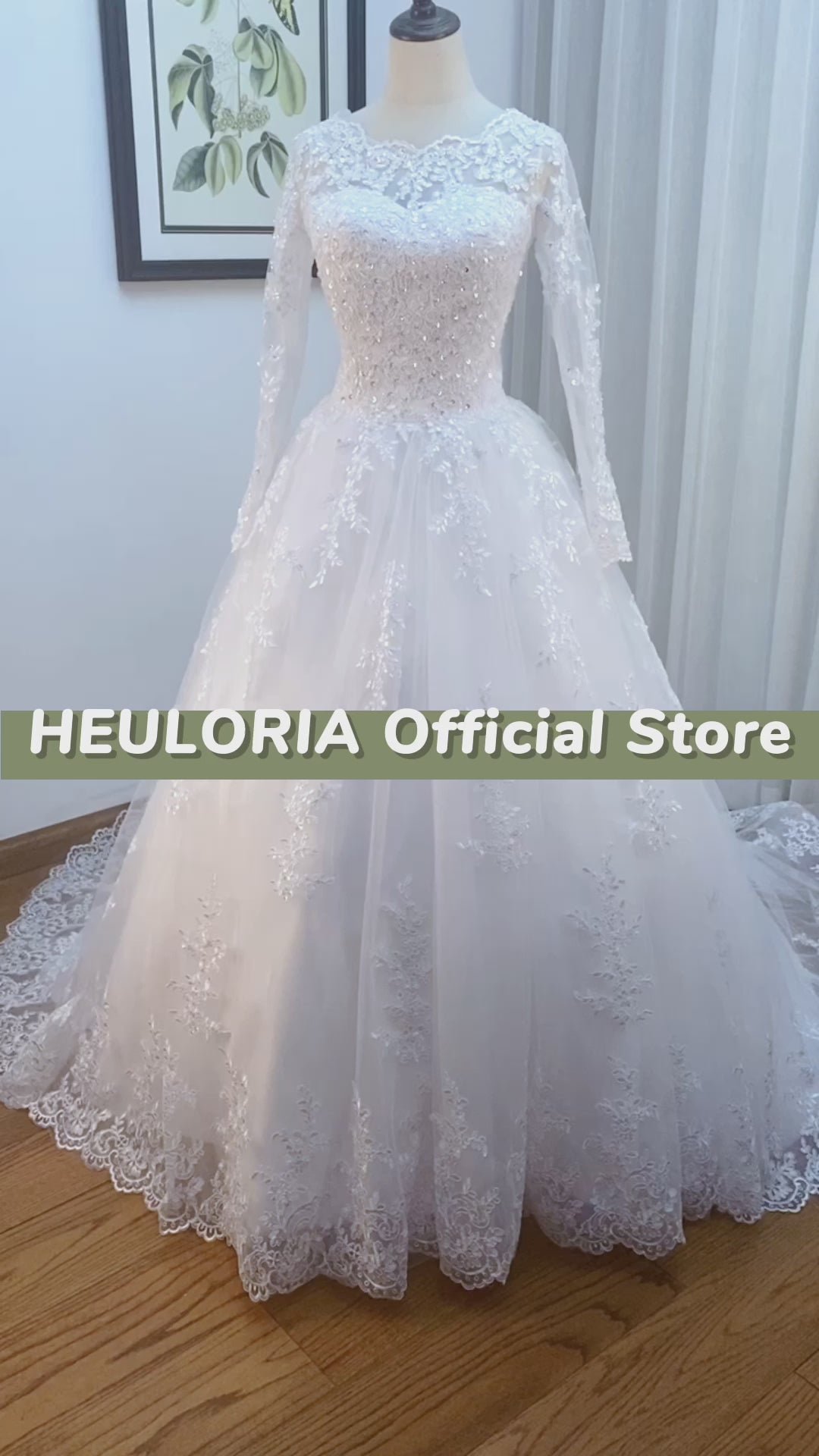 HEULORIA Lace Beaded Long Sleeve Ball Gown Wedding Dress with O-Neck BA-545 Main image