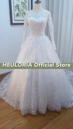 HEULORIA Lace Beaded Long Sleeve Ball Gown Wedding Dress with O-Neck BA-545